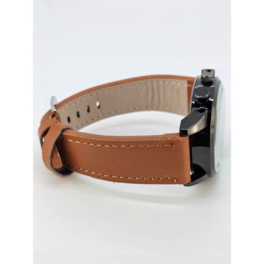 Men's Analog Watch 45MM Cream Dial Light Brown Faux Leather Bands New‎ Battery